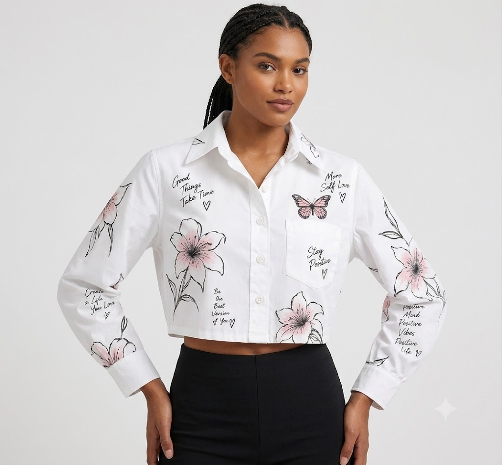 Women White Floral Graphic Crop Shirt