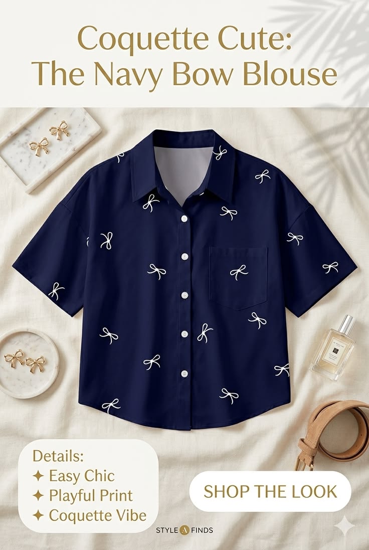 Women Navy Bow Print Short Sleeve Crop Shirt