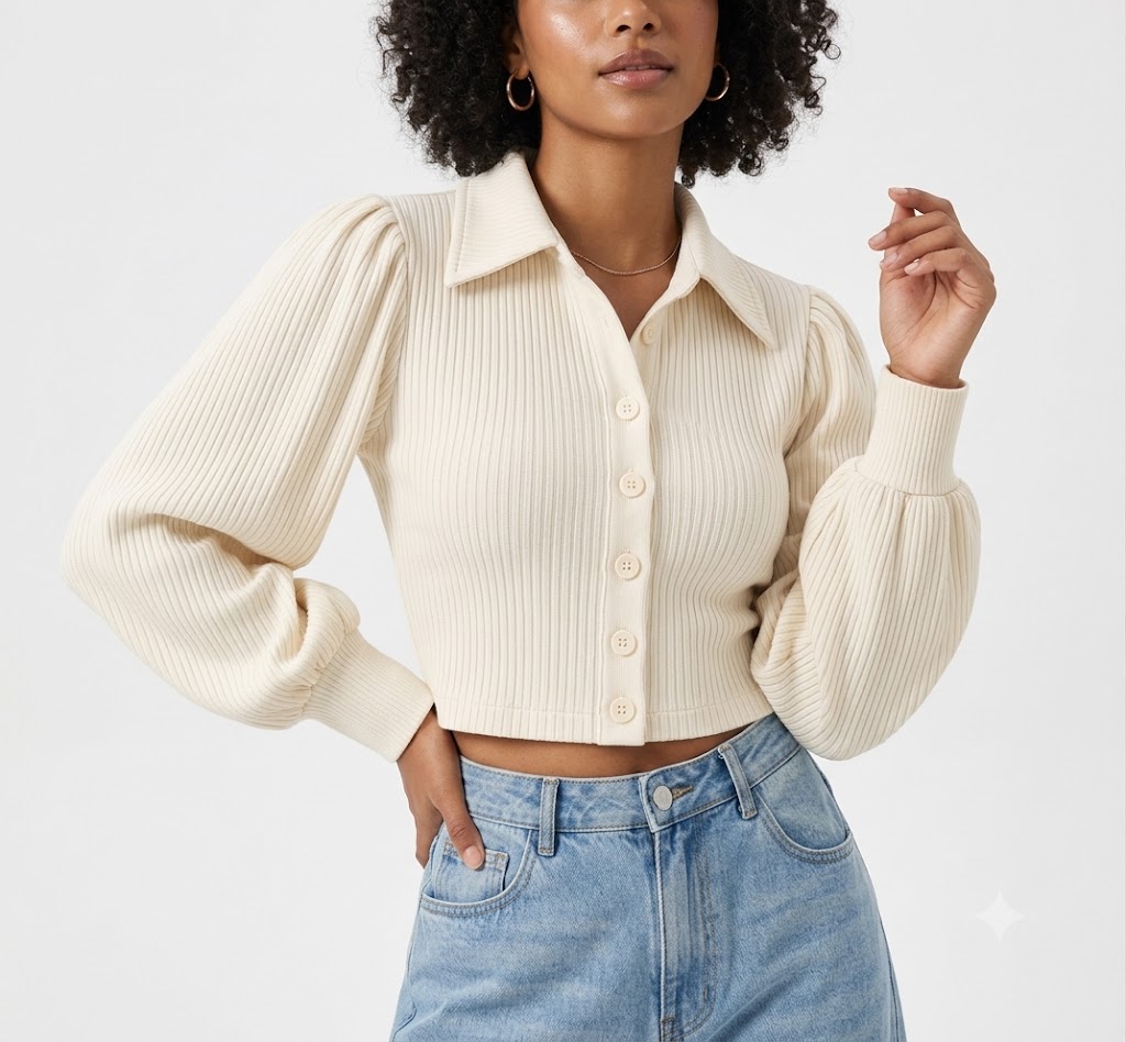 Women Ivory Ribbed Puff Sleeve Crop Cardigan