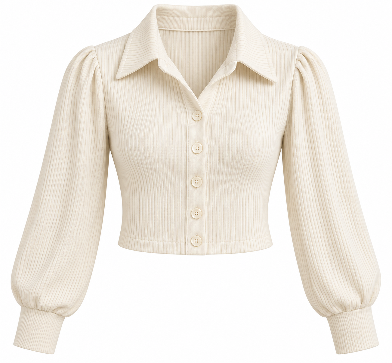 Women Ivory Ribbed Puff Sleeve Crop Cardigan