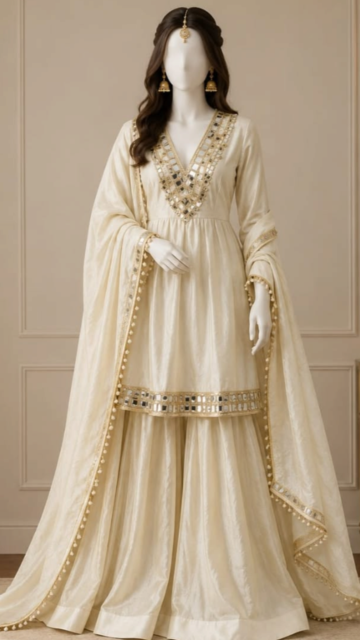 Women Ivory Gold Embroidered Anarkali Suit Set
