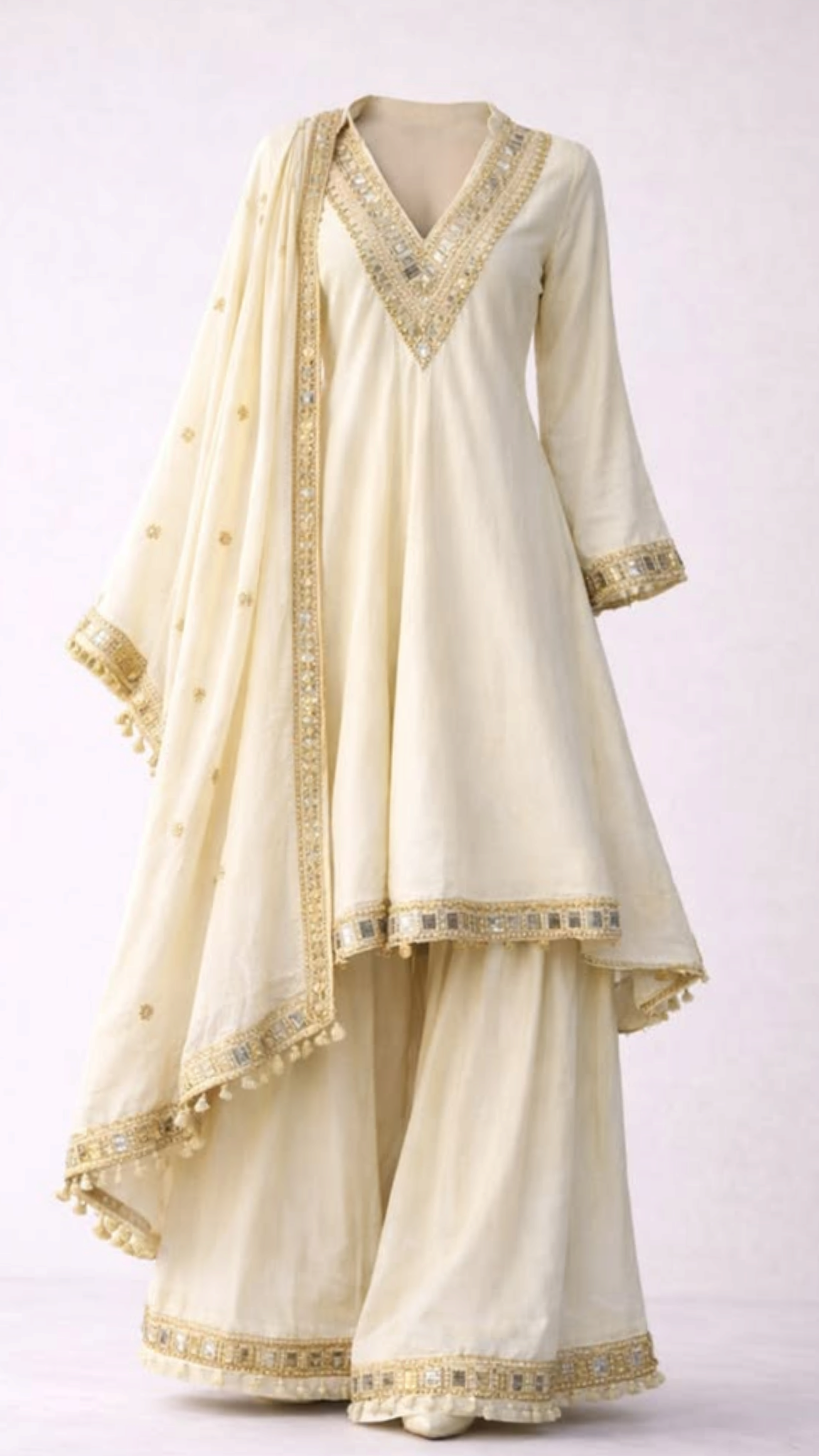 Women Ivory Gold Embroidered Anarkali Suit Set