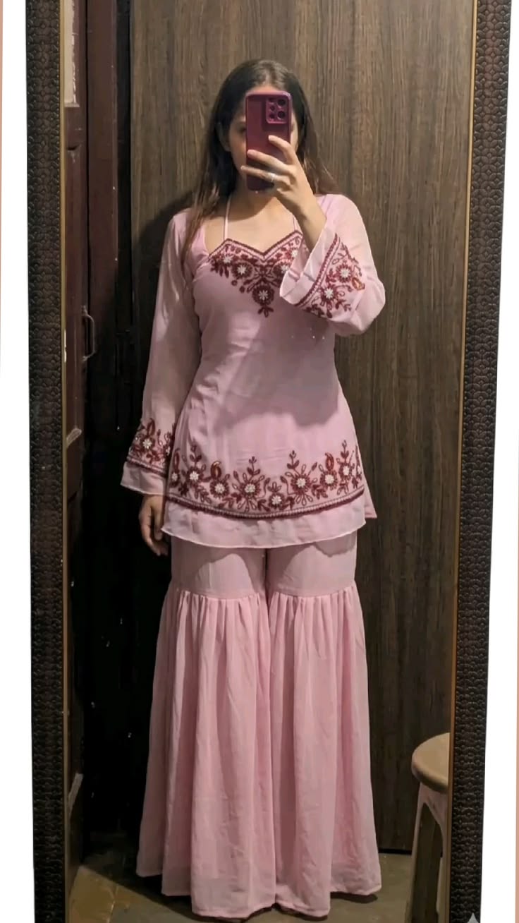 Women Blush Pink Embroidered Peplum Sharara Set