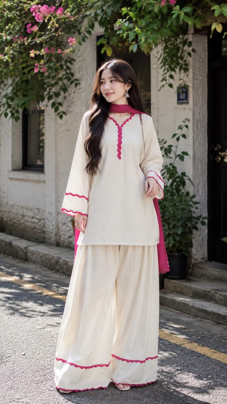 Women Ivory Pink Embroidered Palazzo Suit