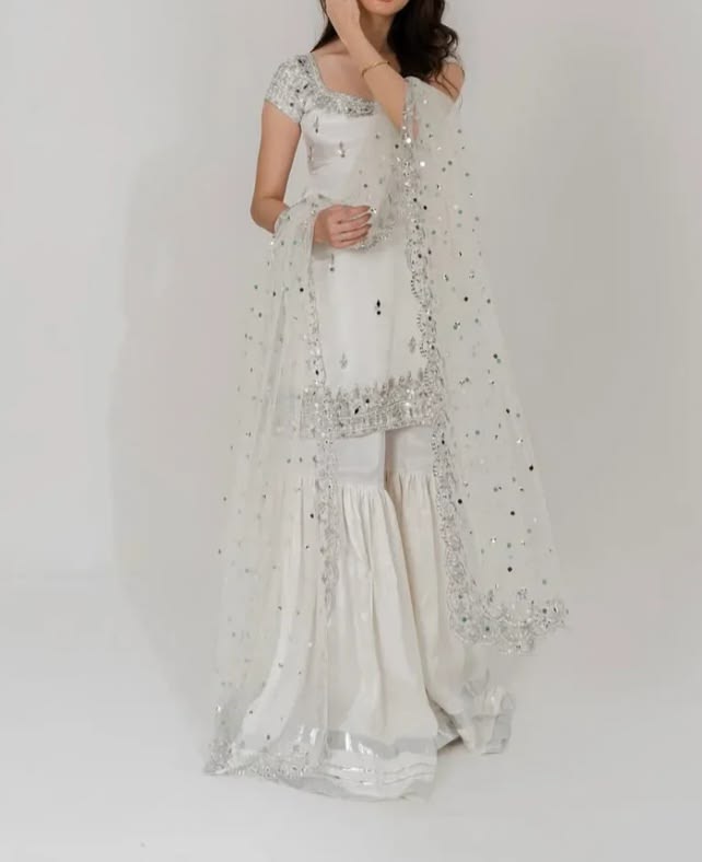 Women White Silver Embroidered Sharara Suit