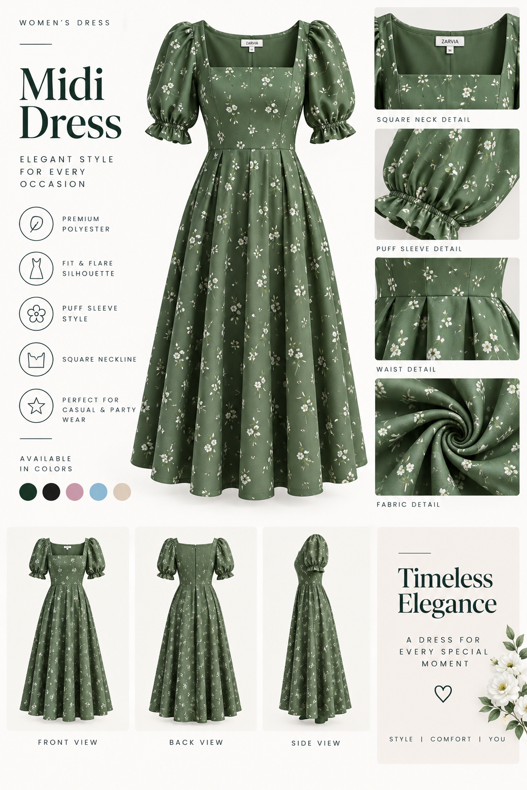 Green Floral Puff Sleeve Midi Dress