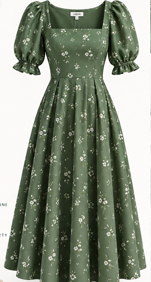 Green Floral Puff Sleeve Midi Dress