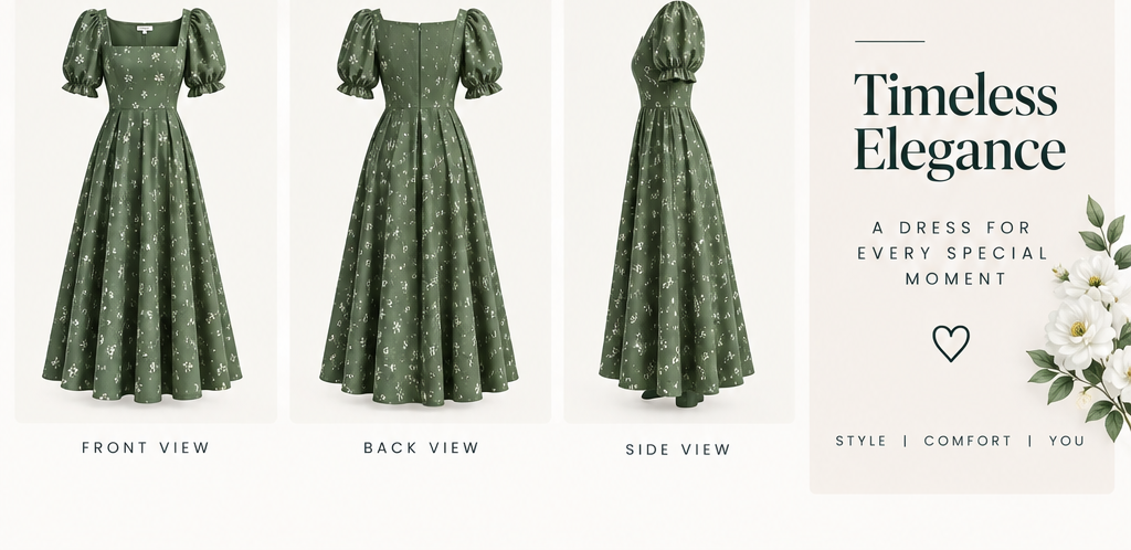 Green Floral Puff Sleeve Midi Dress