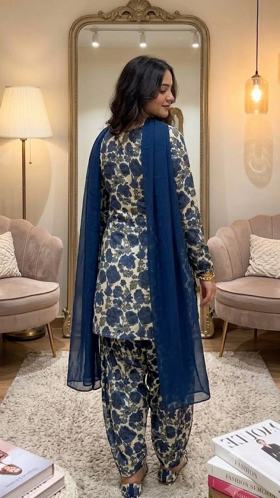 Women Navy Blue Floral Printed Suit Set