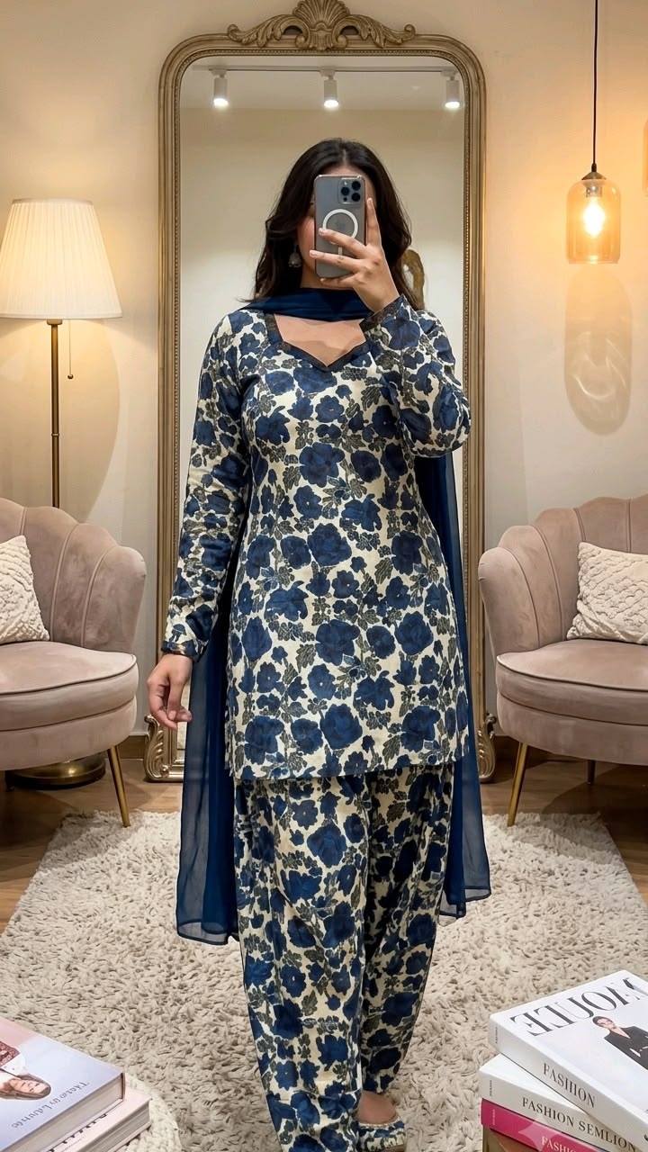 Women Navy Blue Floral Printed Suit Set