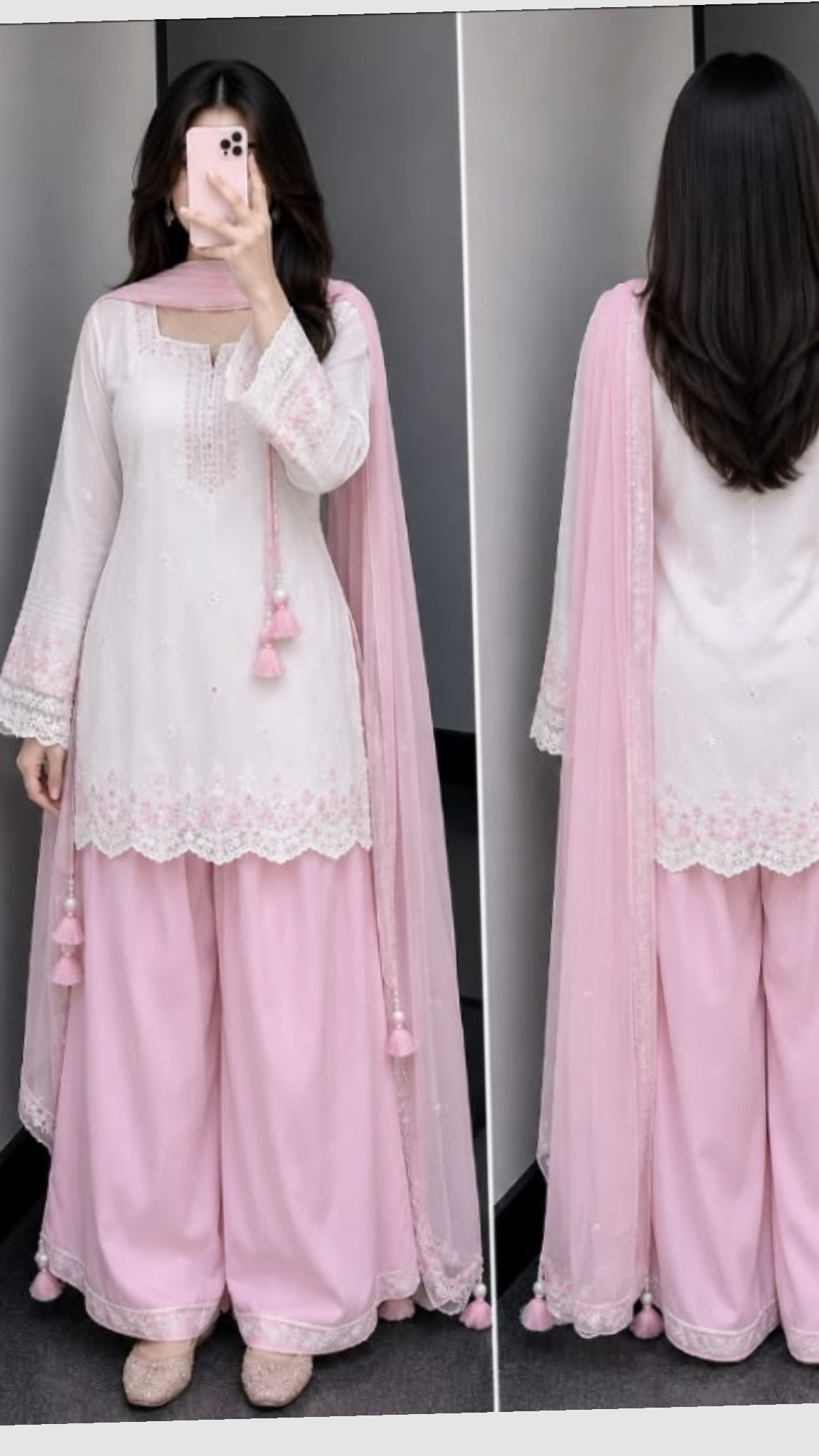 Women White Pink Chikankari Style Palazzo Set