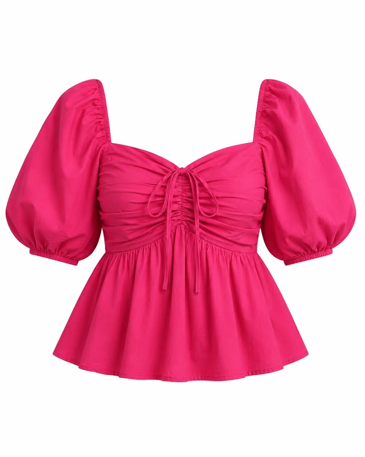 Pink Puff Sleeve Ruched Peplum Top