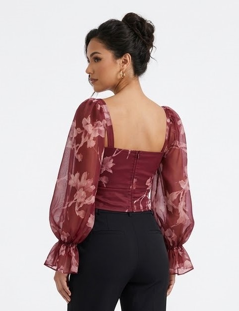 Burgundy Floral Sheer Sleeve Wrap Top