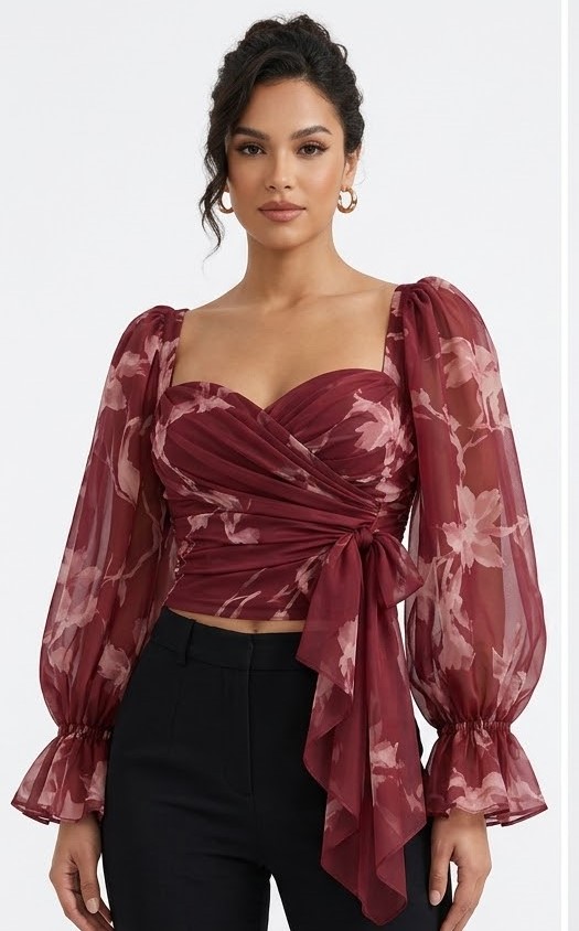 Burgundy Floral Sheer Sleeve Wrap Top