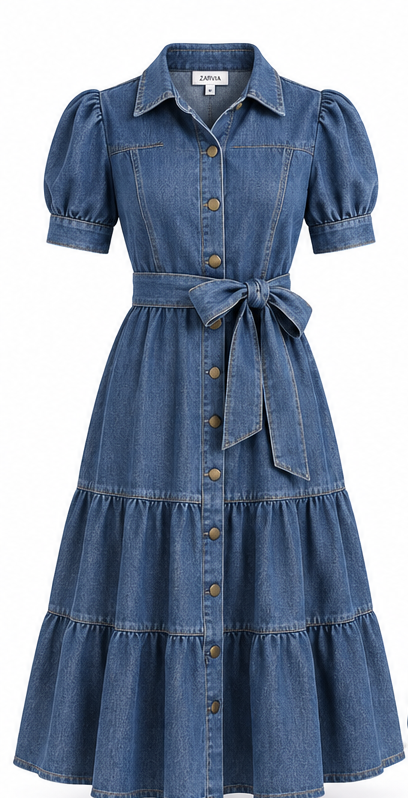 Denim Blue Button Front Tiered Dress