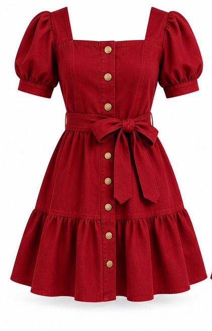 Red Puff Sleeve Button Front Dress