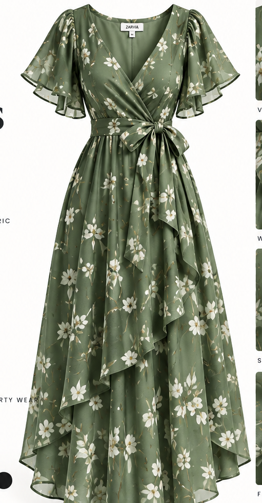 Green Floral Puff Sleeve Maxi Dress