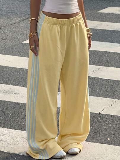 Women Yellow Contrast Side Stripe Wide Leg Trousers