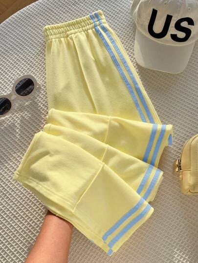 Women Yellow Contrast Side Stripe Wide Leg Trousers
