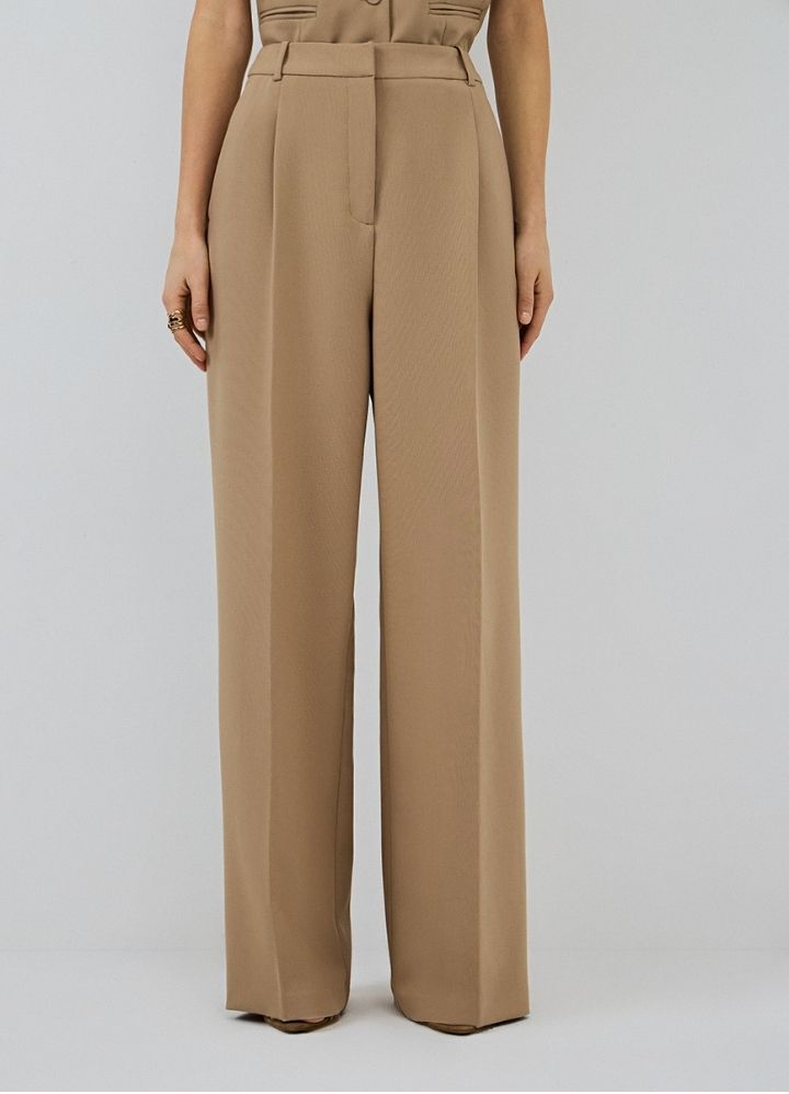 Women Ivory High Waist Pleated Wide Leg Trousers