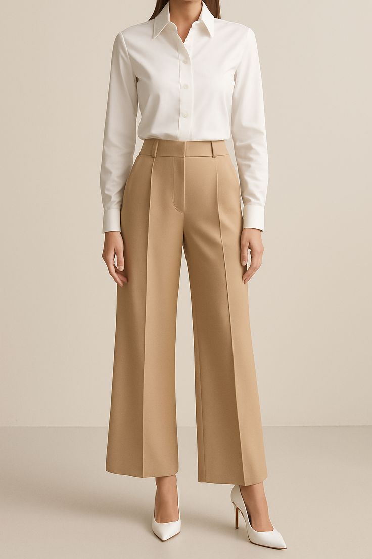Women Ivory High Waist Pleated Wide Leg Trousers
