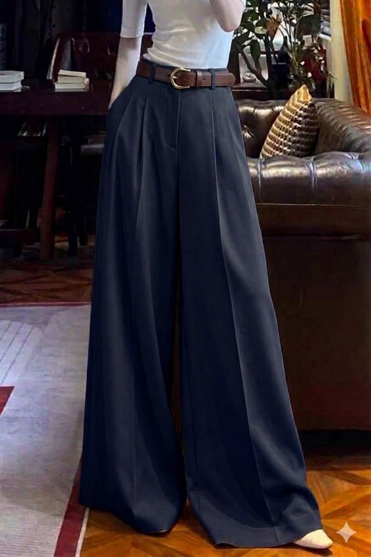Women Navy Wide Leg Belt Detail Trousers