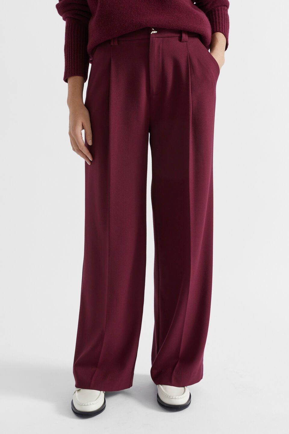 Women Burgundy Front Seam Wide Leg Trousers