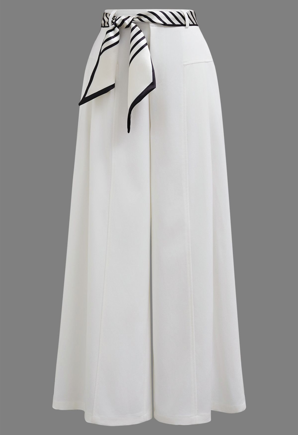 Women White Scarf Tie Wide Leg Trousers