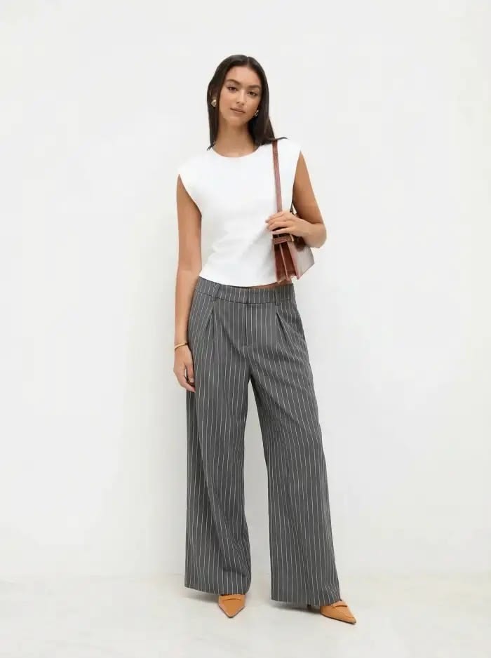 Women Grey Pinstripe Wide Leg Trousers