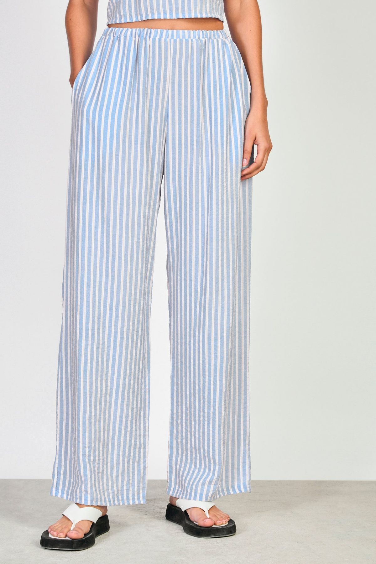 Women Blue Striped Drawstring Wide Leg Trousers