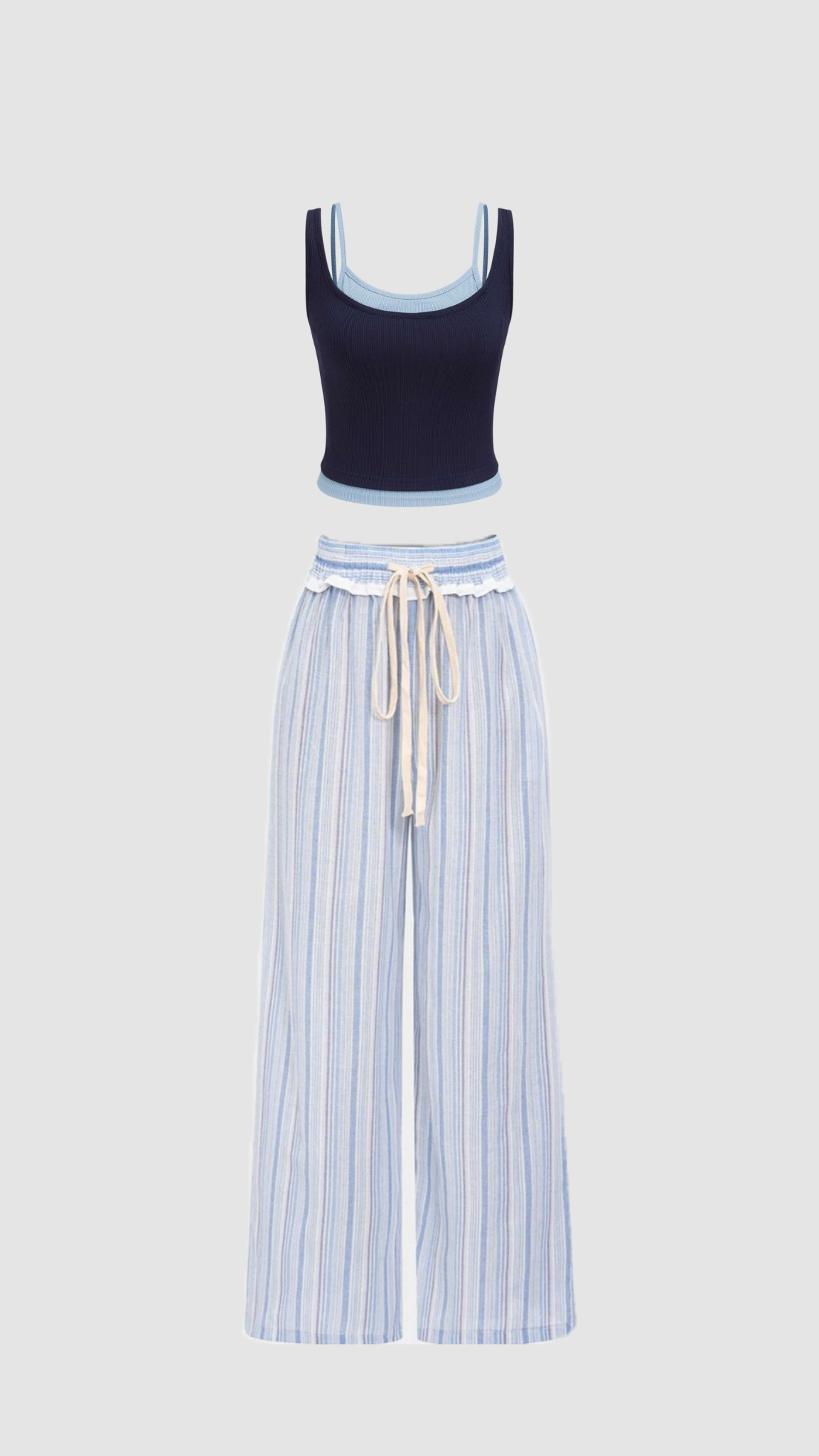 Women Blue Striped Drawstring Wide Leg Trousers