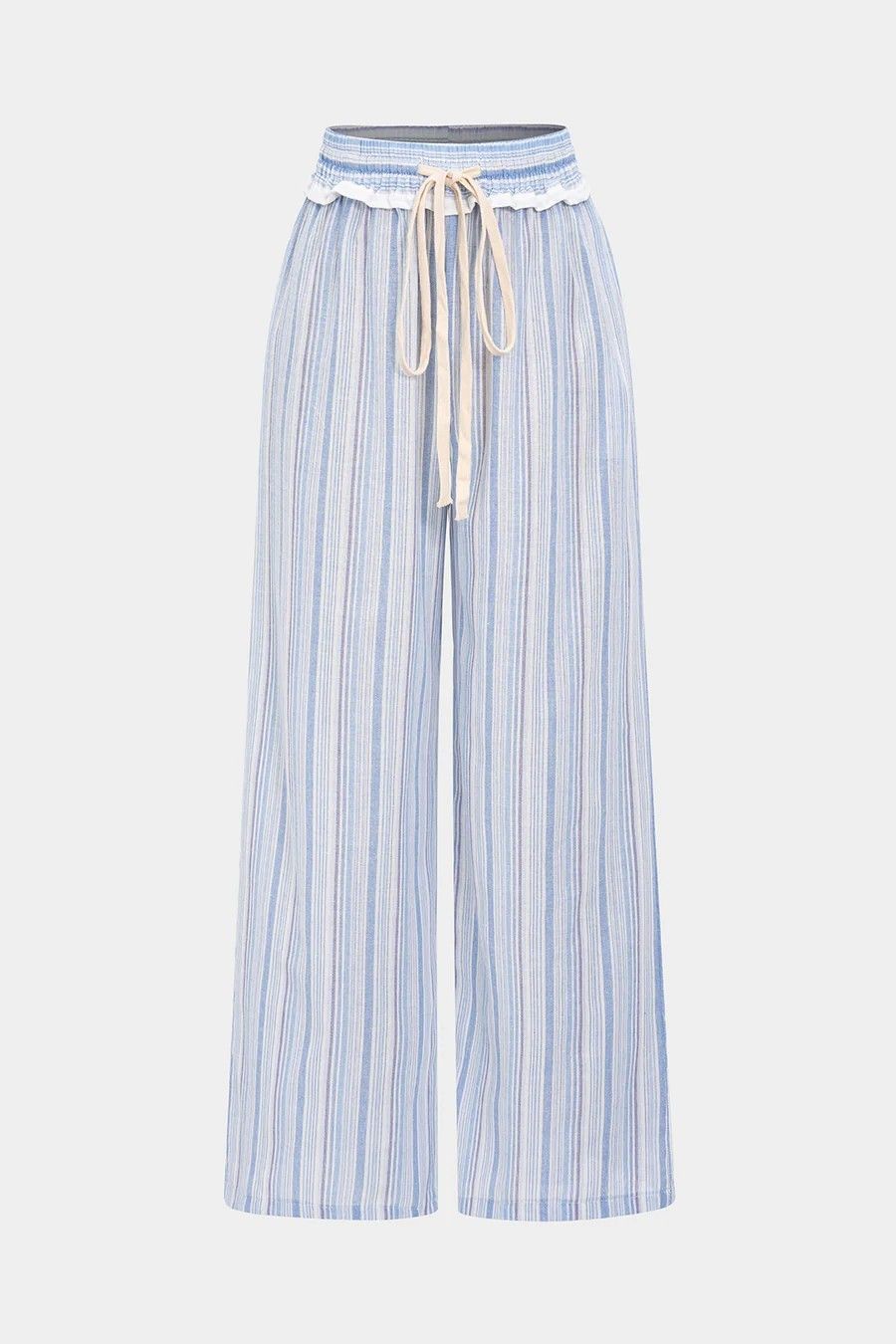 Women Blue Striped Drawstring Wide Leg Trousers
