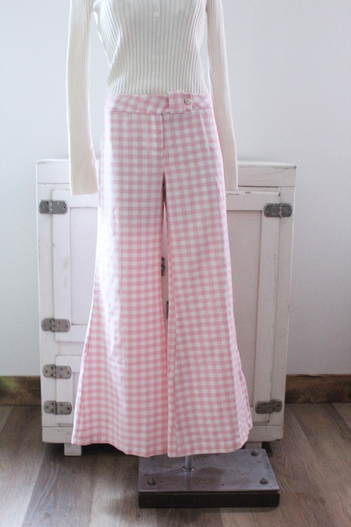 Women Pink Gingham Wide Leg Trousers
