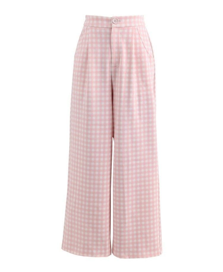 Women Pink Gingham Wide Leg Trousers