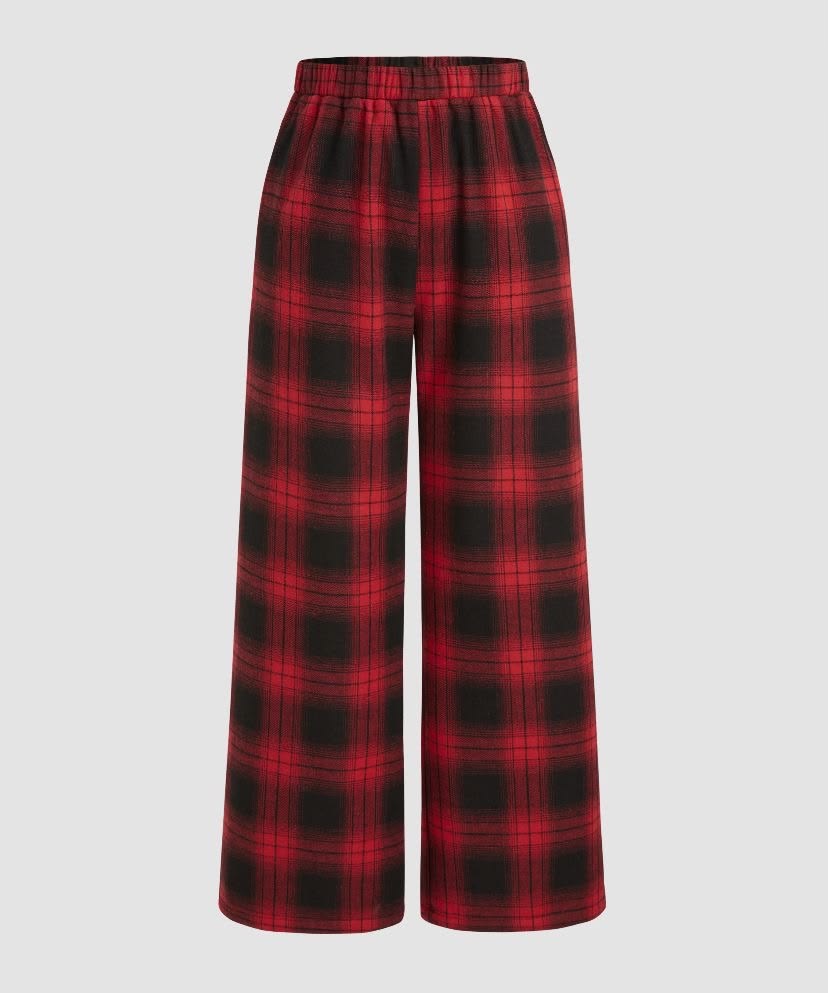 Women Red Black Plaid Wide Leg Trousers