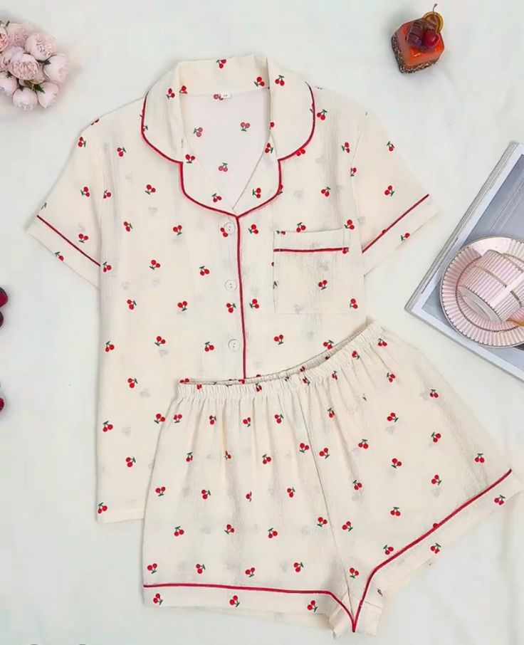 Women White Cherry Print Cotton Night Suit