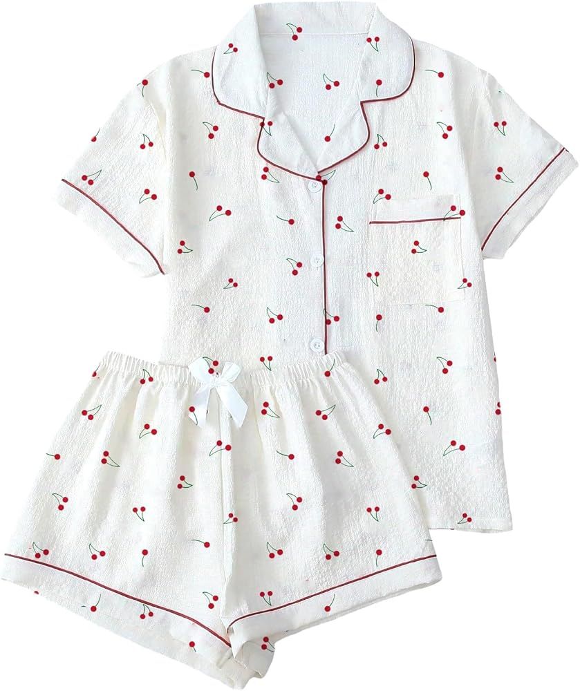 Women White Cherry Print Cotton Night Suit