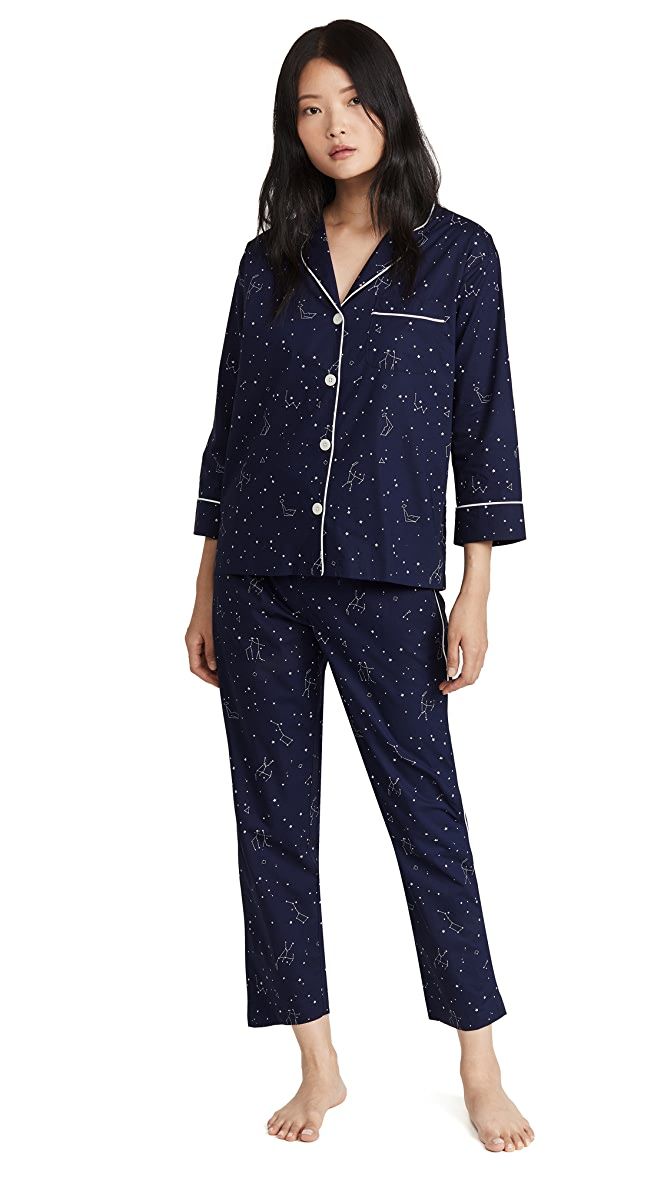 Women Navy Blue Satin Star Moon Pajama Set