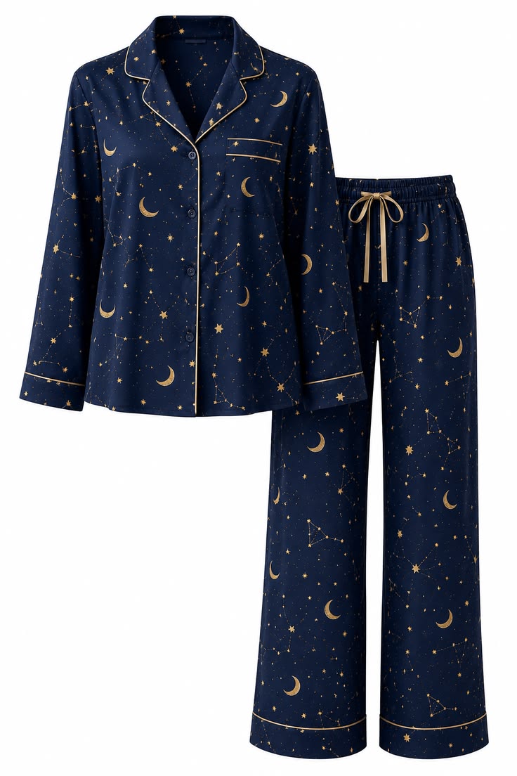Women Navy Blue Satin Star Moon Pajama Set