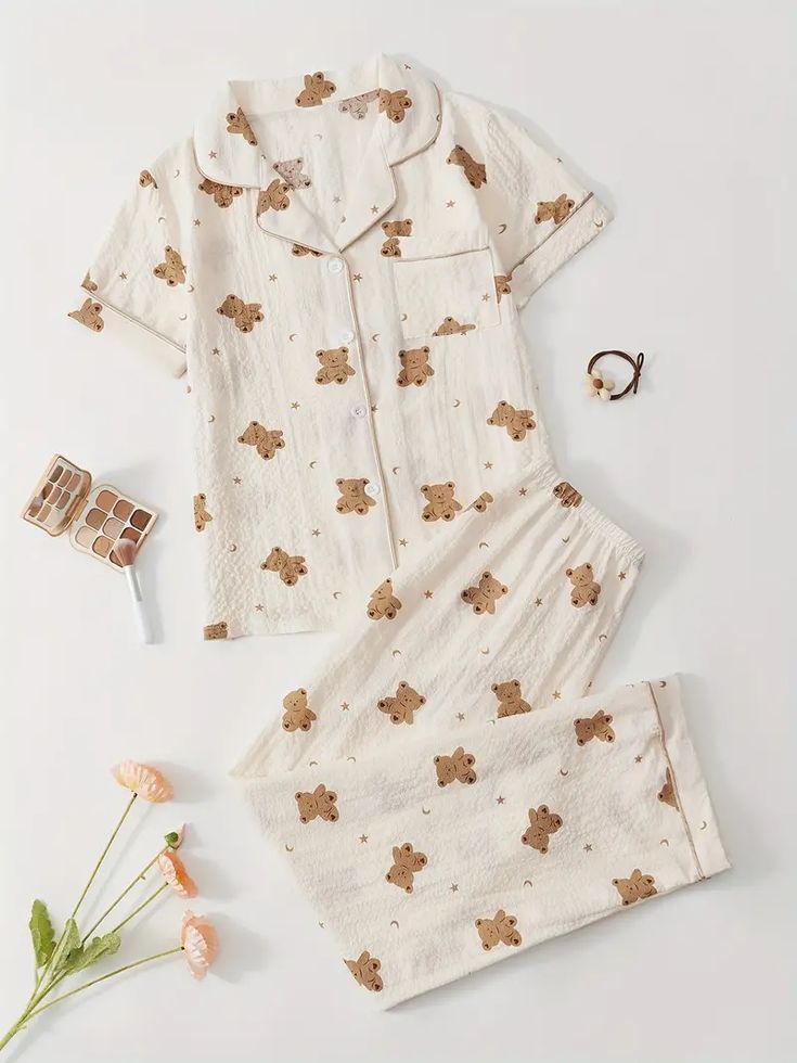 Women Cream Teddy Bear Print Pajama Set