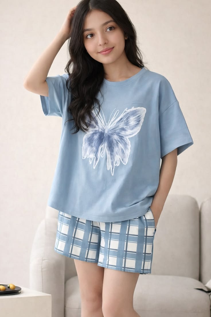 Women Blue Butterfly T-Shirt & Check Shorts Set