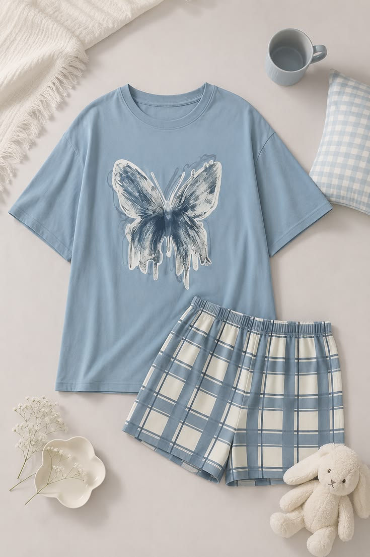 Women Blue Butterfly T-Shirt & Check Shorts Set