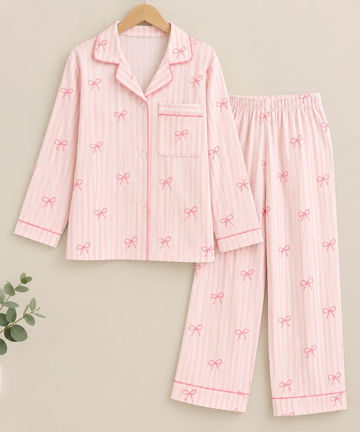 Women Pink Bow Stripe Full Sleeve Pajama Set