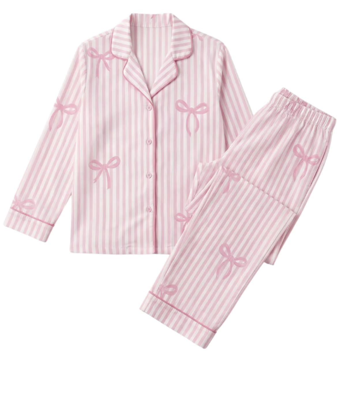 Women Pink Bow Stripe Full Sleeve Pajama Set