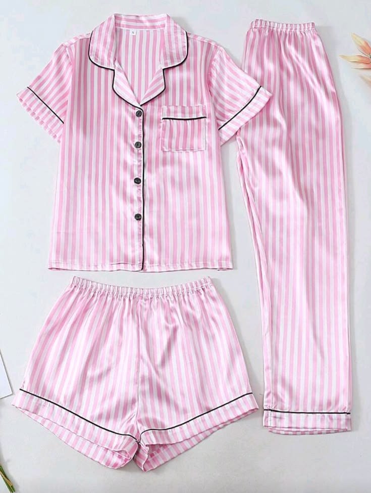 Women Pink Stripe 3 Piece Pajama Night Suit