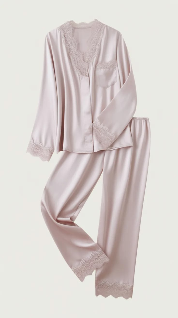 Women Blush Pink Satin Lace Pajama Set