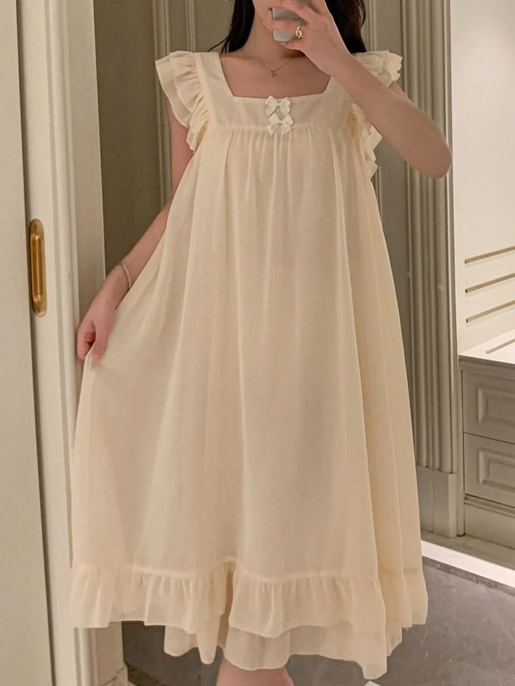 Women Cream Ruffle Cotton Nightdress