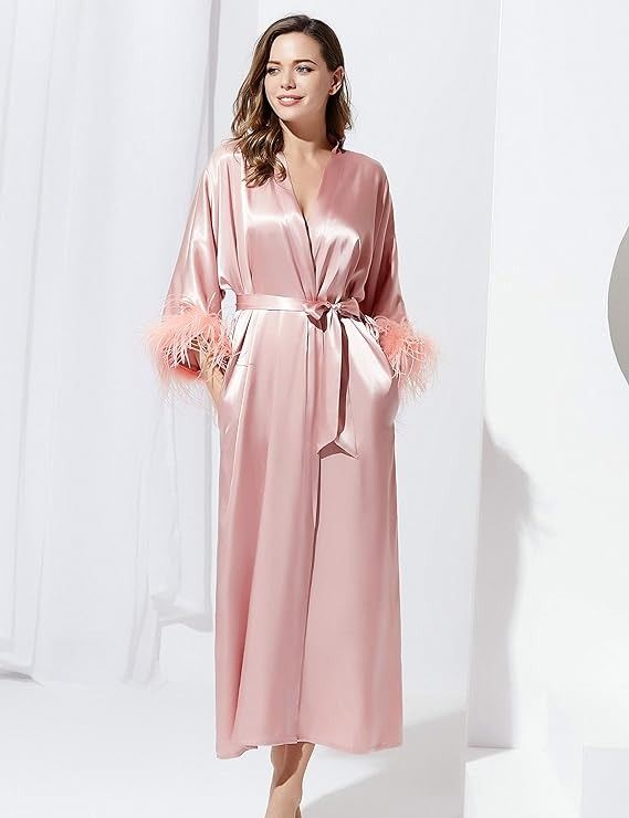 Women Peach Satin Robe With Fur Cuffs