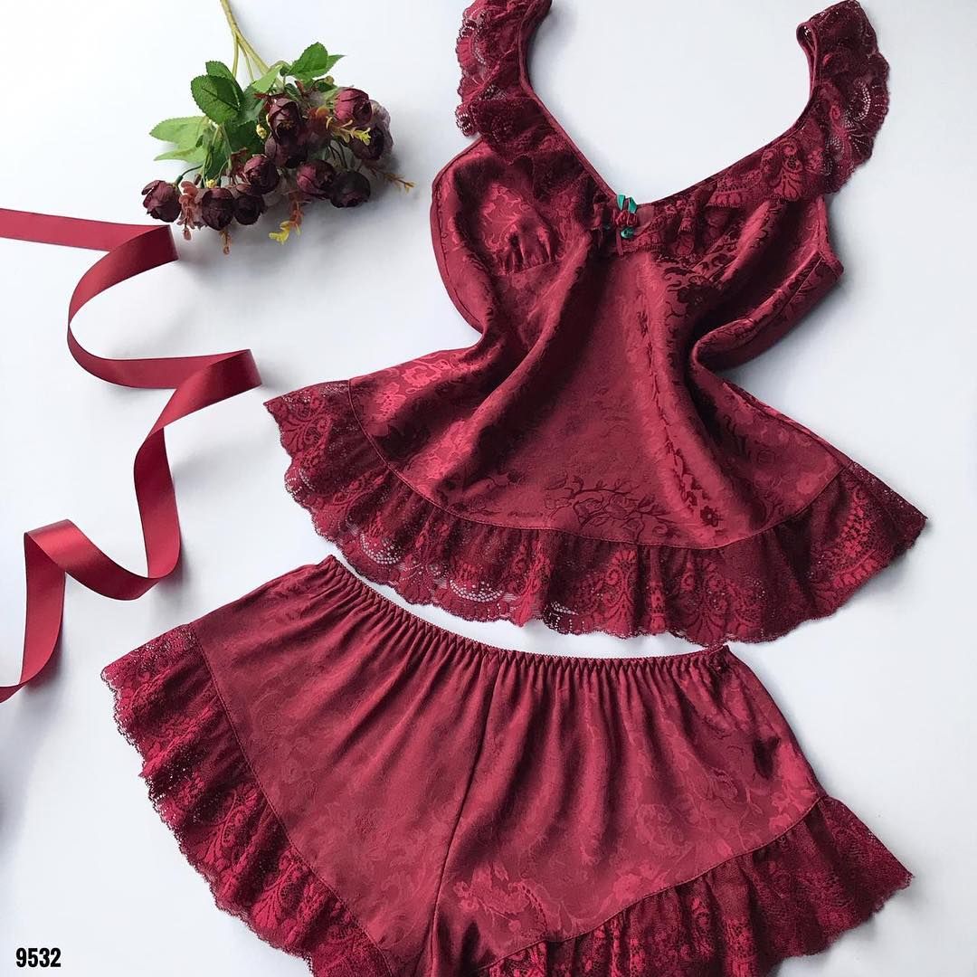 Women Burgundy Ruffle 2 Piece Nightwear Set