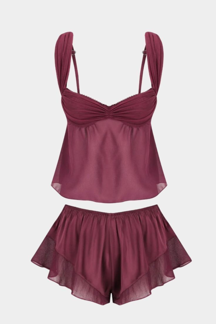 Women Burgundy Ruffle 2 Piece Nightwear Set